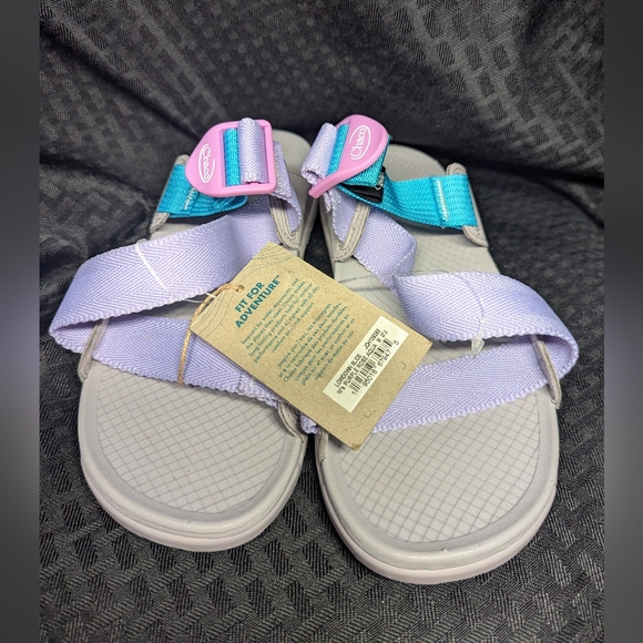 Light Pink, Lavender and Baby Blue Strap Chaco Lowdown Slides. - Picture 3 of 6